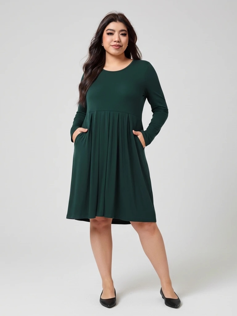 Longyuan Dark Green Long Sleeve Drop Waist Pocket Casual Swing Dress Women’s XL